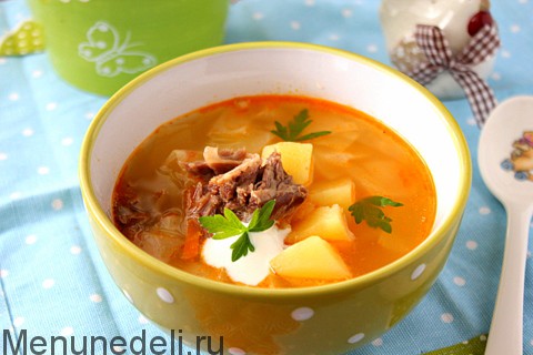 Рецепт щей из свежей капусты с мясом как в детском саду | Меню недели